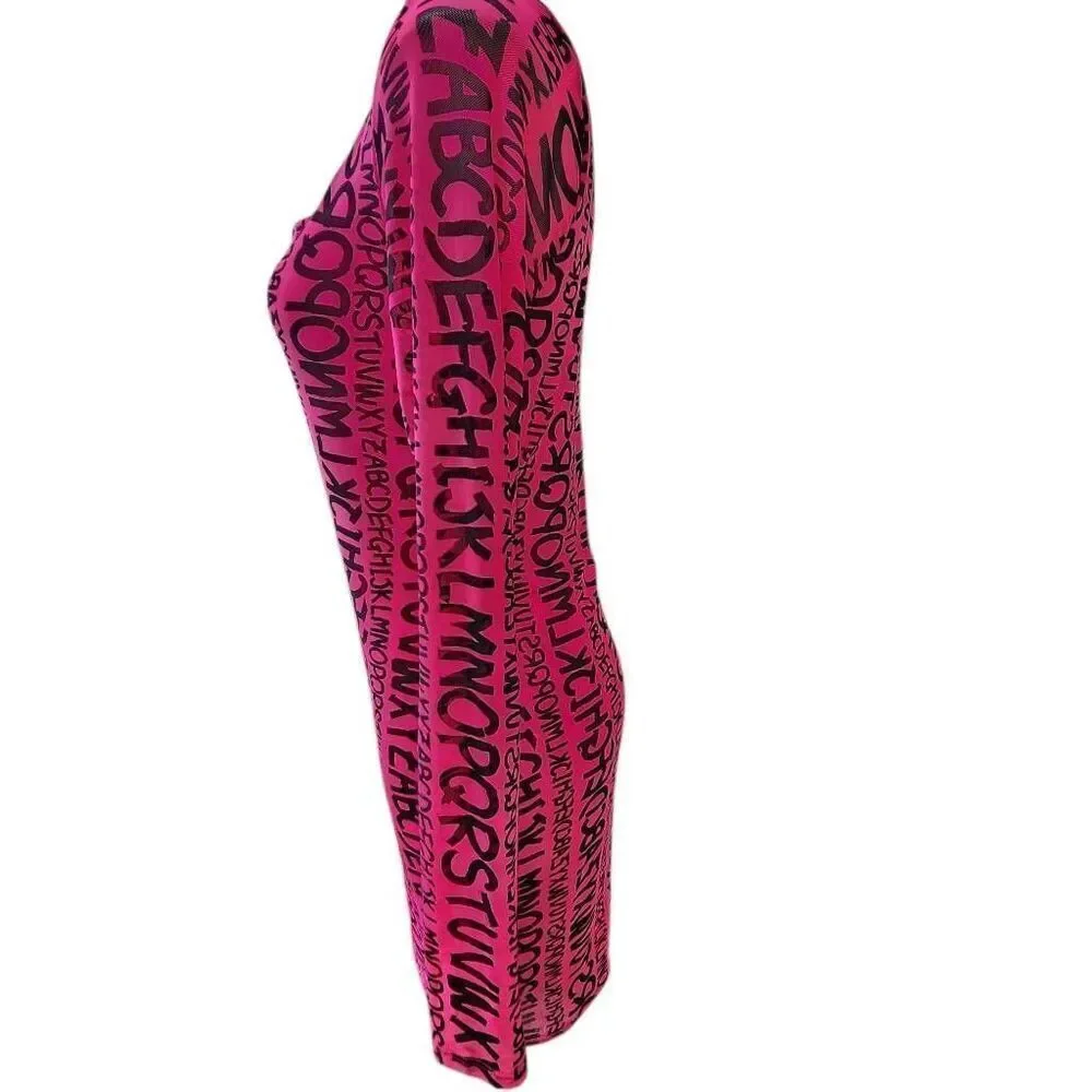 Iris Y2K Mini Bodycon Dress hot pink Gwen Stefani Alphabet All over Print‎ 1X